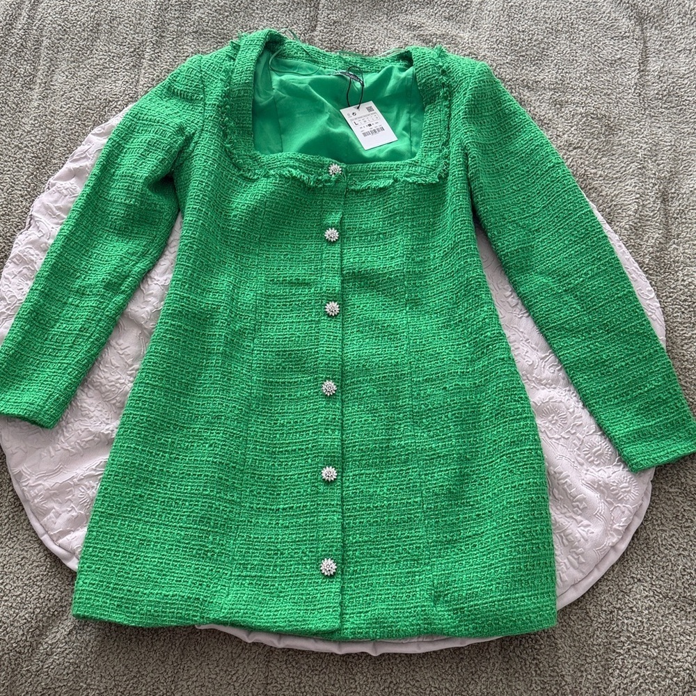 Zara Tweed Boucle squared neck long sleeves Jewel Buttons Green Dress Sz Large - Picture 9 of 15